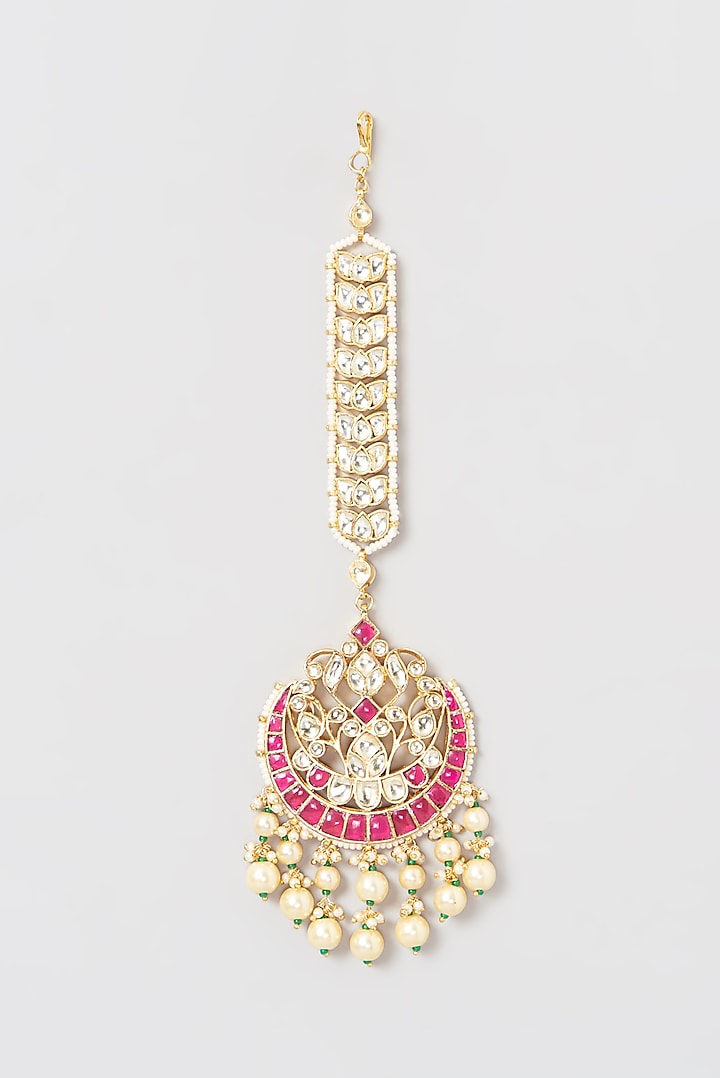 Gold Finish Kundan Polki & Pearl Maang Tikka by Belsi's Jewellery