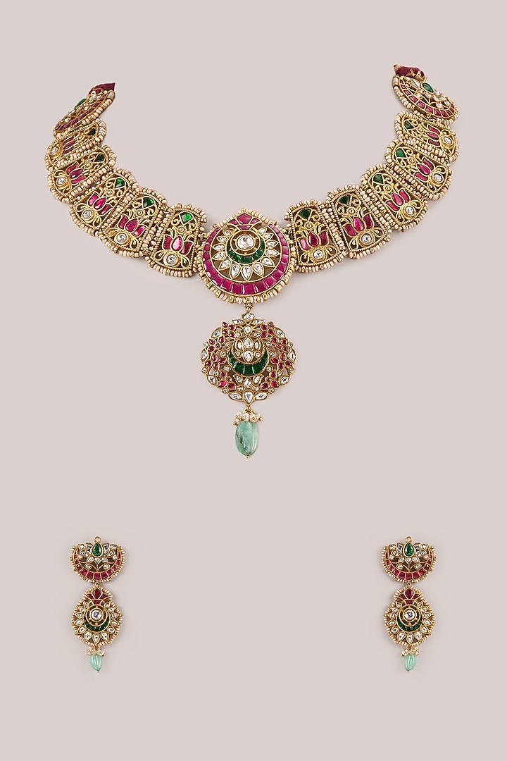 Gold Finish Emerald & Ruby Kundan Polki Jadau Necklace Set by Belsi'S Jewellery at Pernia's Pop Up Shop