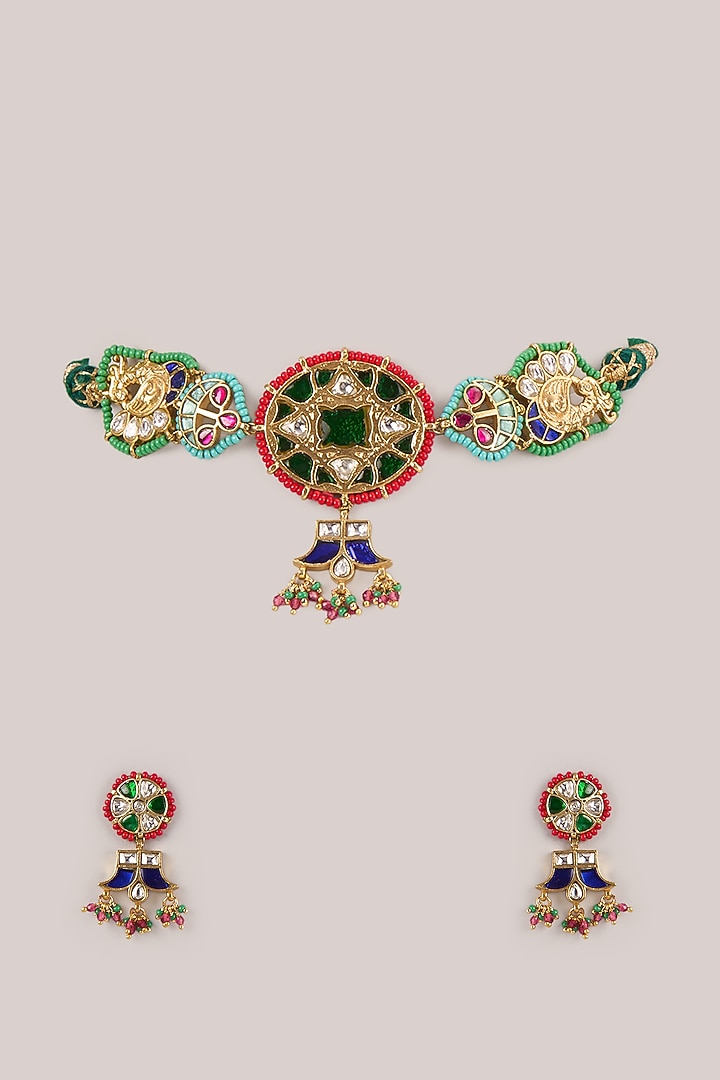 Gold Finish Kundan Polki & Pearl Jadau Choker Necklace Set by Belsi'S Jewellery at Pernia's Pop Up Shop