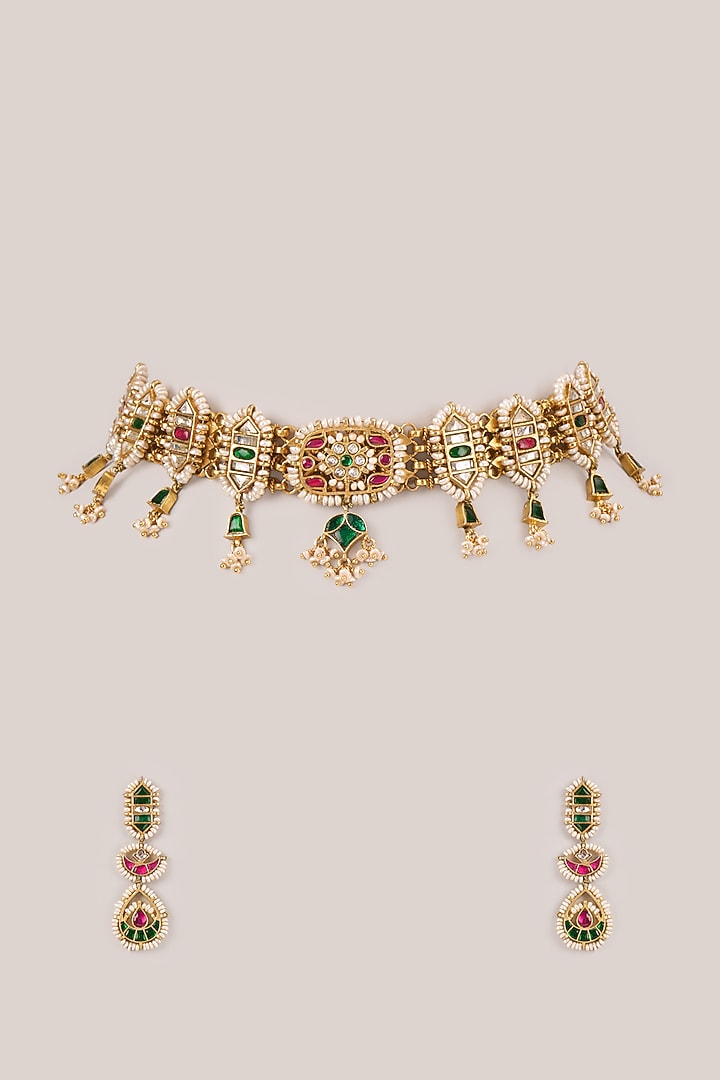 Gold Finish Kundan Polki & Ruby Red Stone Necklace Set by Belsi'S Jewellery at Pernia's Pop Up Shop