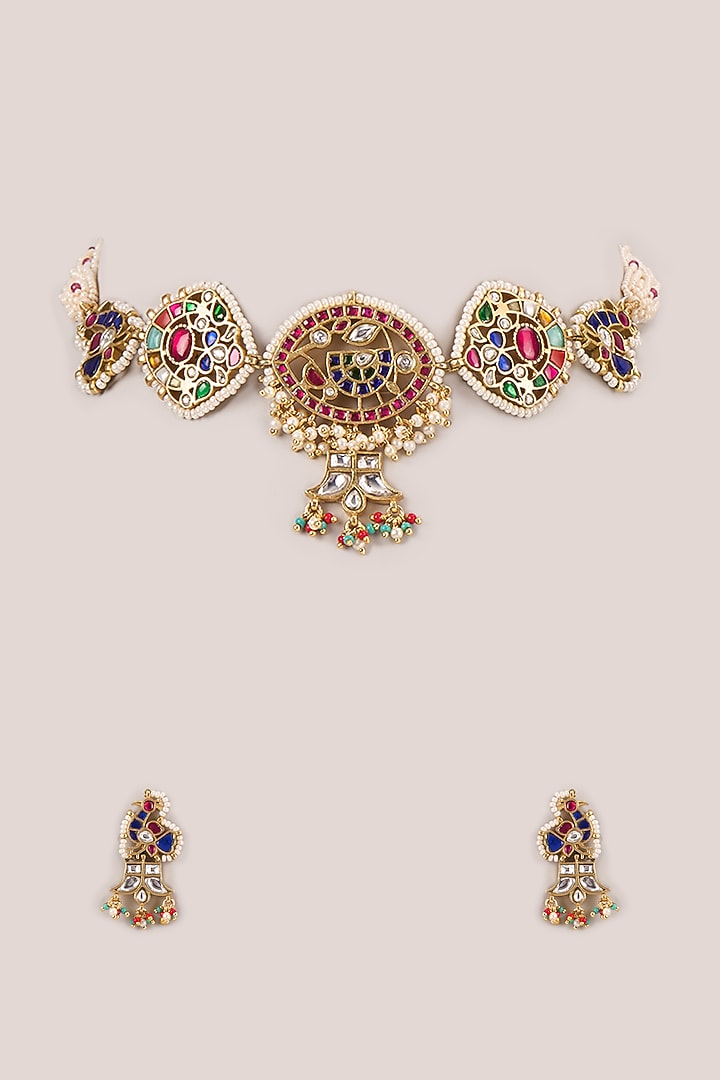 Gold Finish Kundan Polki & Seed Pearl Jadau Choker Necklace Set by Belsi'S Jewellery at Pernia's Pop Up Shop
