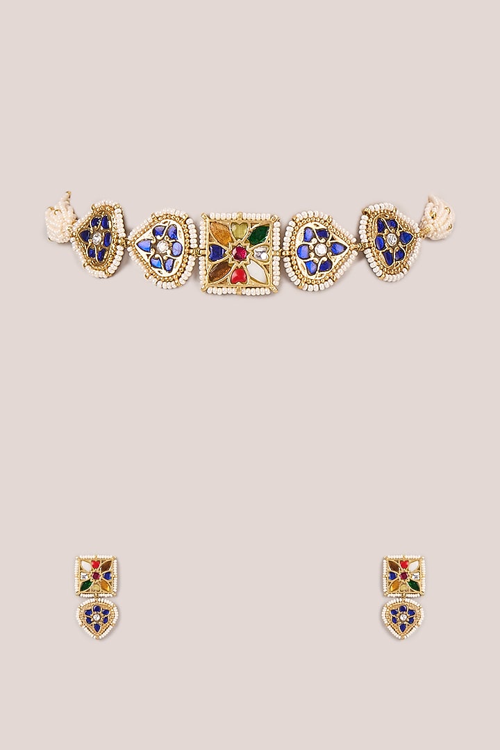 Gold Finish Multi-Colored Kundan Polki & Pearl Choker Necklace Set by Belsi'S Jewellery at Pernia's Pop Up Shop
