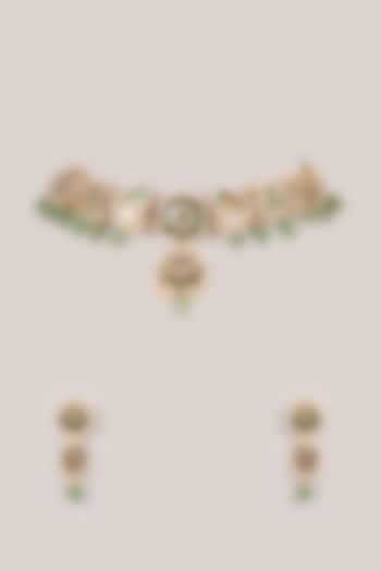 Antique Gold Finish Kundan Polki & Emerald Stone Necklace Set by Belsi'S Jewellery at Pernia's Pop Up Shop
