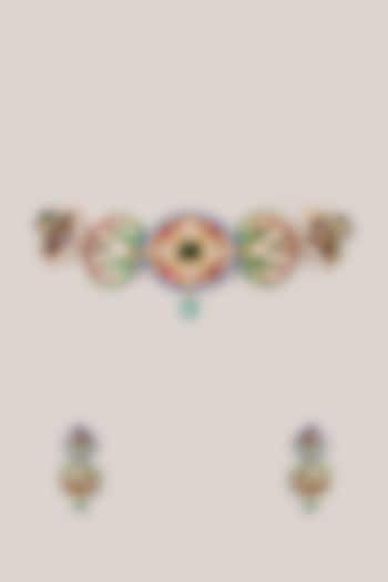 Gold Finish Multi-Colored Kundan Polki Jadau Choker Necklace Set by Belsi'S Jewellery at Pernia's Pop Up Shop