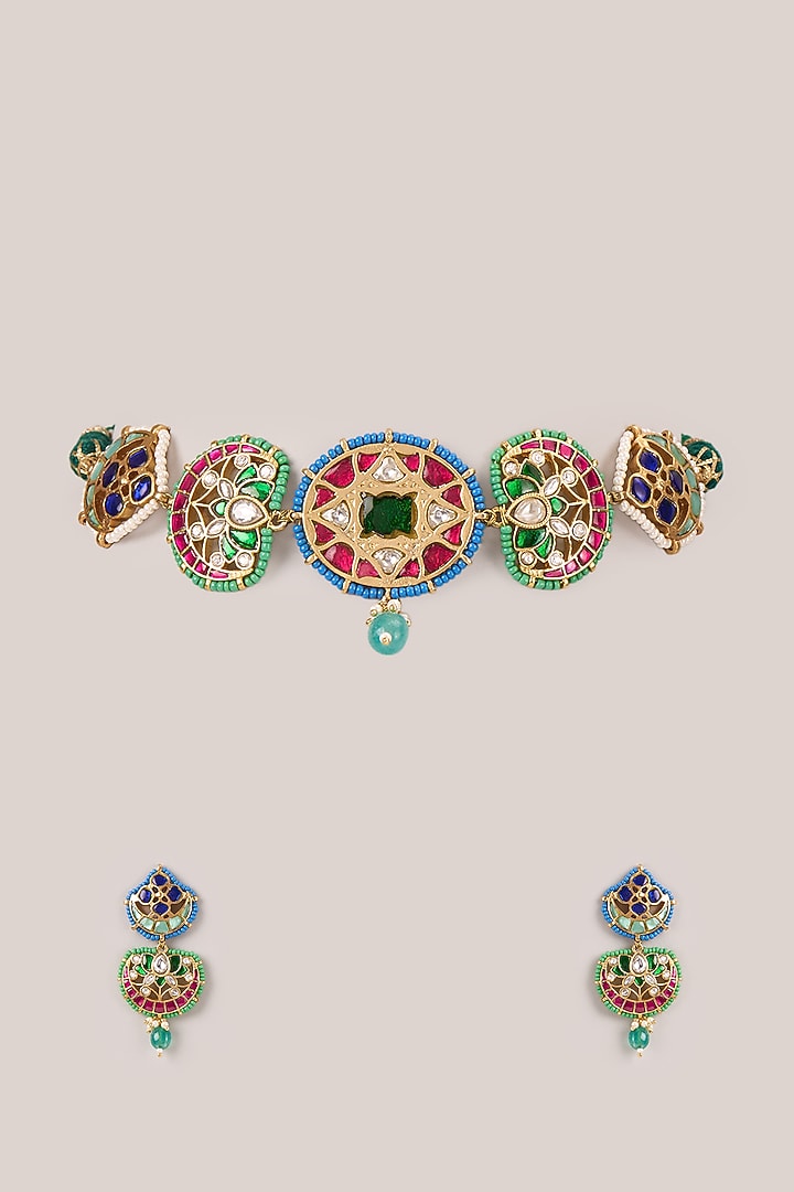 Gold Finish Multi-Colored Kundan Polki Jadau Choker Necklace Set by Belsi'S Jewellery at Pernia's Pop Up Shop