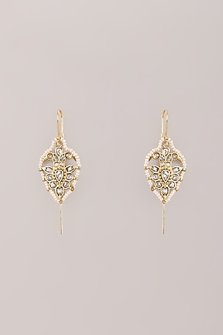 Gold Finish Kundan Polki & Seed Pearl Bugadi Floral Earrings by Belsi'S Jewellery