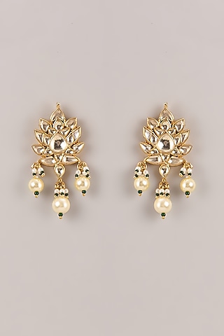 Gold Finish Kundan Polki & Glass Stone Bugadi Floral Earrings by Belsi'S Jewellery