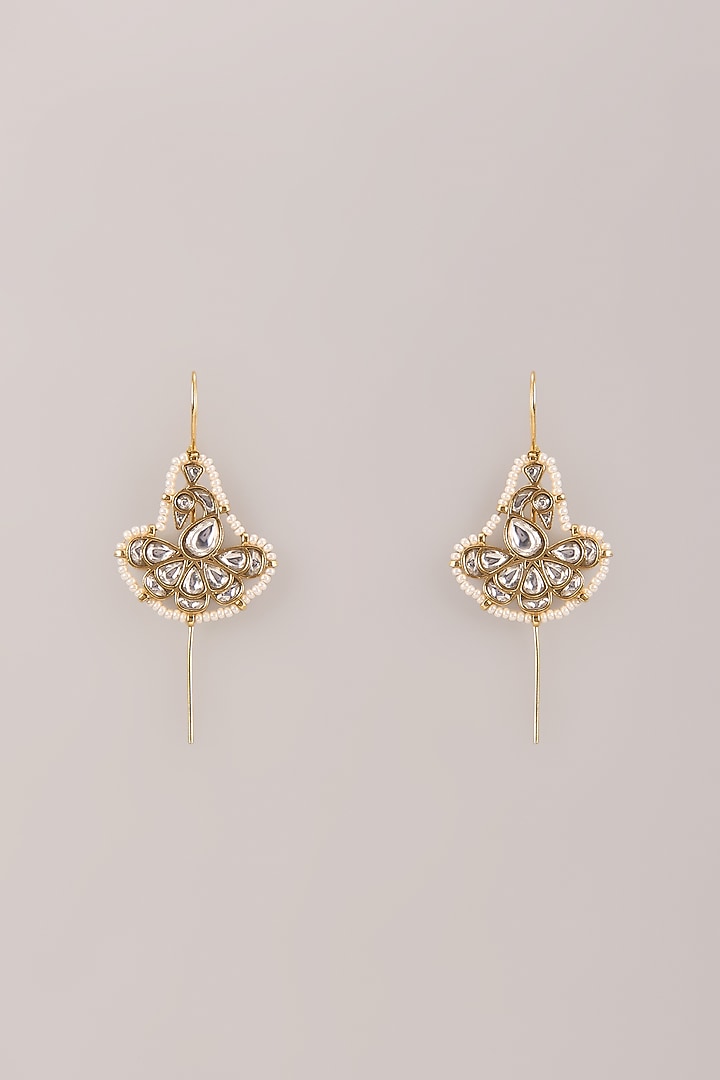 Gold Finish Kundan Polki & Seed Pearl Bugadi Floral Earrings by Belsi'S Jewellery at Pernia's Pop Up Shop