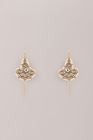 Gold Finish Kundan Polki & Seed Pearl Bugadi Floral Earrings by Belsi'S Jewellery