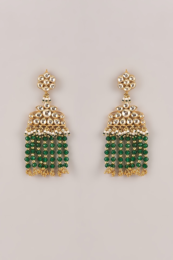 Gold Finish Floral Kundan Polki & Green Beaded Chandeleir Earrings by Belsi'S Jewellery at Pernia's Pop Up Shop