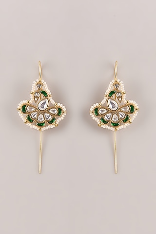Gold Finish Kundan Polki & Seed Pearl Bugadi Floral Earrings by Belsi'S Jewellery