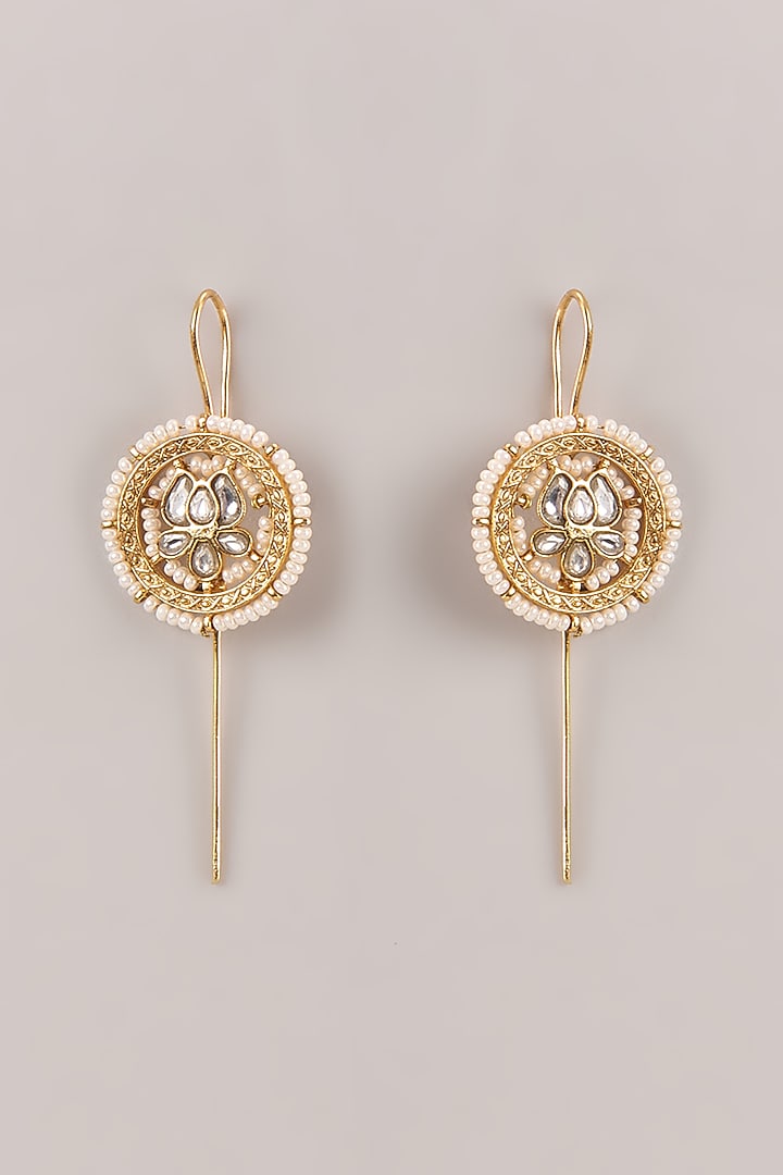 Gold Finish Kundan Polki & Seed Pearl Bugadi Floral Earrings by Belsi'S Jewellery at Pernia's Pop Up Shop