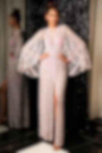 White Swiss Net Party Wear Dress With Cape by Bennu Sehgal at Pernia's Pop Up Shop