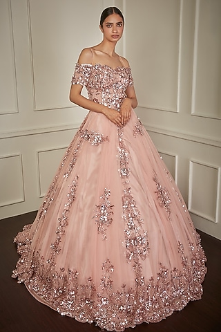 Peach Swiss Net Gown by Bennu Sehgal
