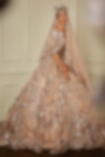 Peach Swiss Net Bridal Gown With Veil by Bennu Sehgal at Pernia's Pop Up Shop