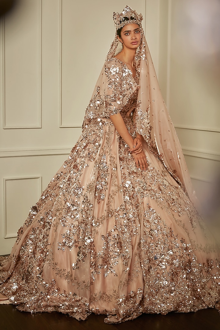Peach Swiss Net Bridal Gown With Veil by Bennu Sehgal at Pernia's Pop Up Shop