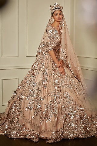 peach and gold wedding dress Peach Sequin Lehenga Set main image 1
