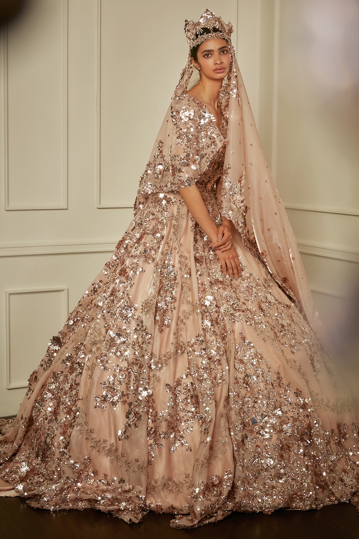 Peach Swiss Net Bridal Gown With Veil by Bennu Sehgal at Pernia's Pop Up  Shop 2026