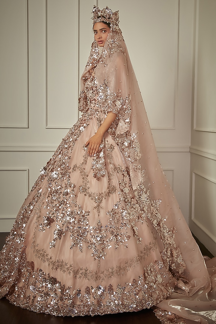 Peach Swiss Net Bridal Gown With Veil by Bennu Sehgal at Pernia's Pop Up Shop