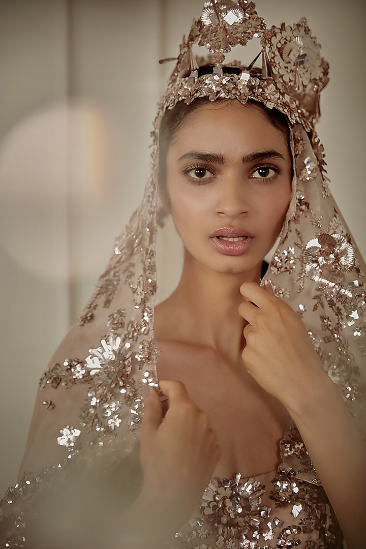 Peach Swiss Net Bridal Gown With Veil by Bennu Sehgal at Pernia's Pop Up Shop