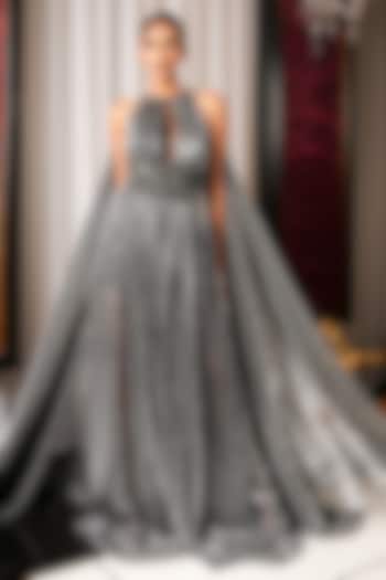 Silver Pleated Lycra Reception Gown Saree by Bennu Sehgal at Pernia's Pop Up Shop