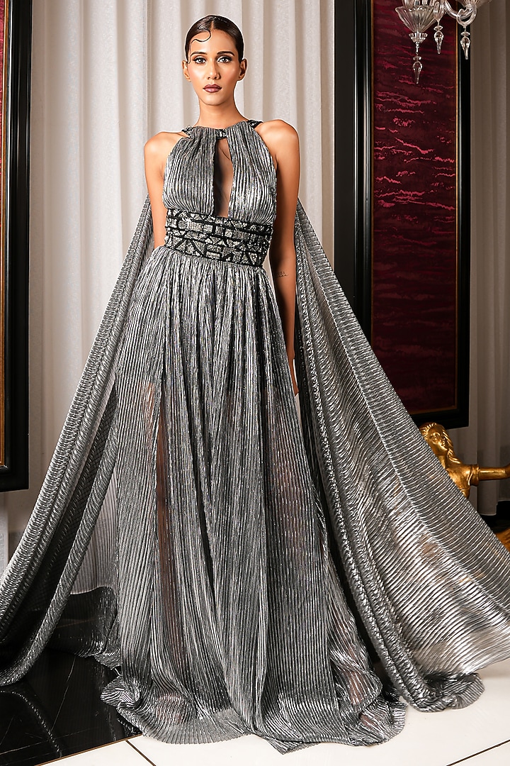 Silver Pleated Lycra Reception Gown Saree by Bennu Sehgal at Pernia's Pop Up Shop