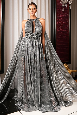Silver Pleated Lycra Gown Saree by Bennu Sehgal
