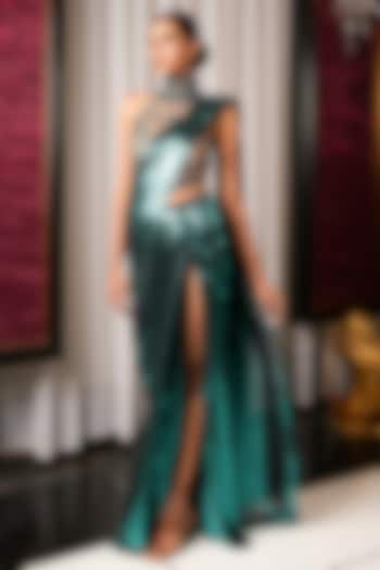 Teal Foil Chiffon Draped Reception Saree Set by Bennu Sehgal at Pernia's Pop Up Shop