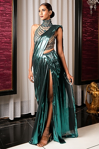 Teal Foil Chiffon Draped Saree Set by Bennu Sehgal