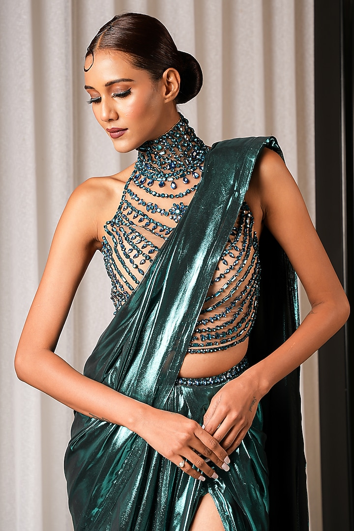 Teal Foil Chiffon Draped Reception Saree Set by Bennu Sehgal at Pernia's Pop Up Shop