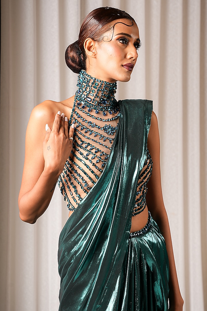 Teal Foil Chiffon Draped Reception Saree Set by Bennu Sehgal at Pernia's Pop Up Shop