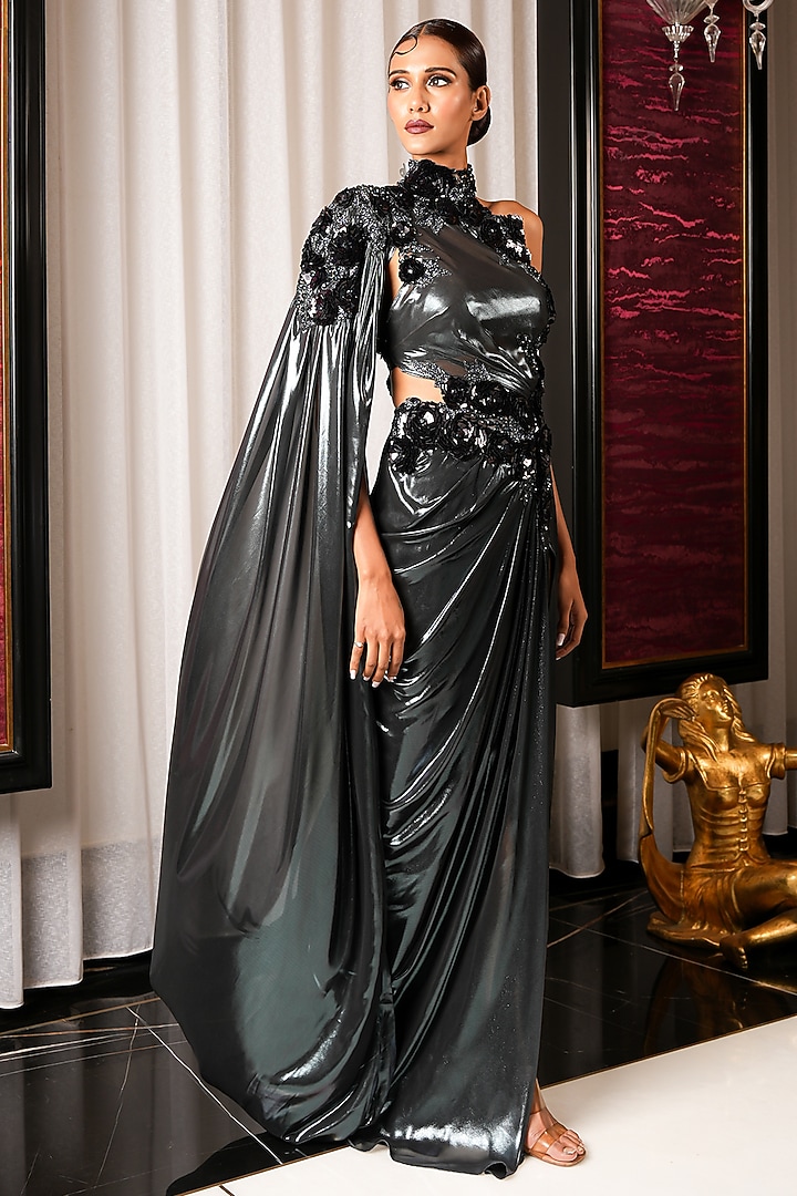 Black Foil Chiffon Reception Gown Saree by Bennu Sehgal at Pernia's Pop Up Shop