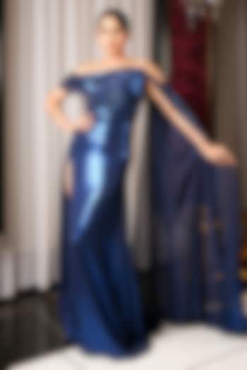 Blue Foil Chiffon Reception Gown Saree by Bennu Sehgal at Pernia's Pop Up Shop