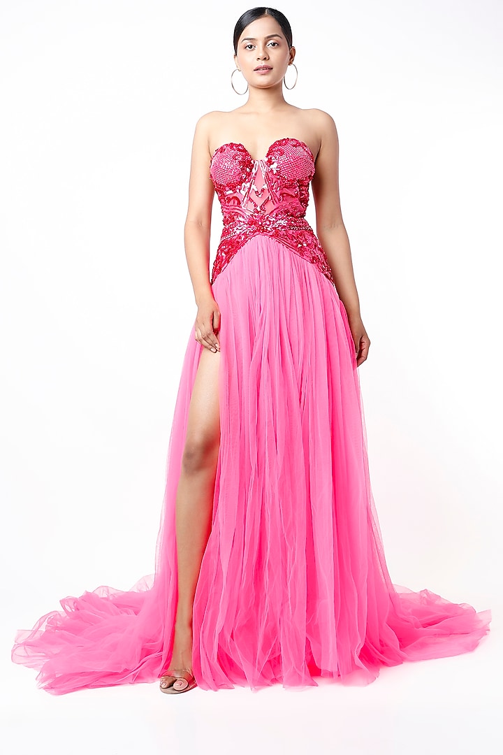 Hot Pink Embroidered Gown by Bennu Sehgal