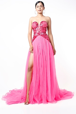 Hot Pink Embroidered Gown by Bennu Sehgal