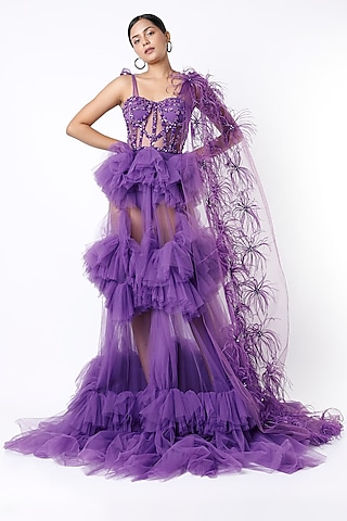 Purple Ruffled & Draped Gown by Bennu Sehgal