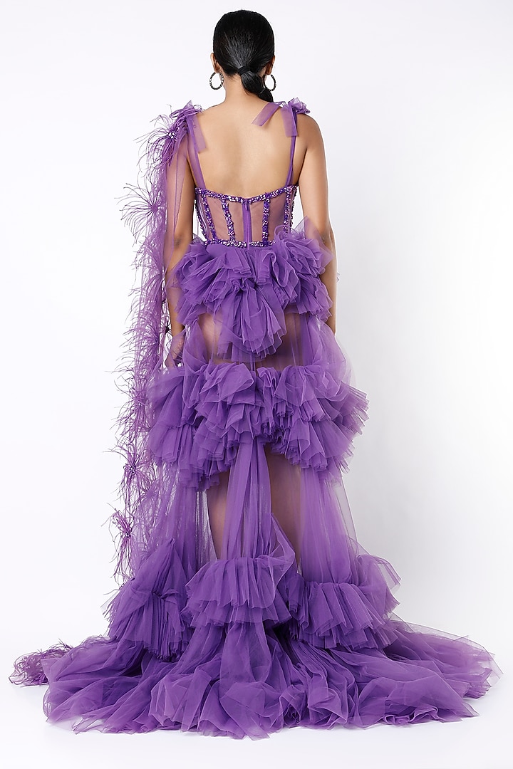 Purple Ruffled & Draped Wedding Gown by Bennu Sehgal at Pernia's Pop Up Shop