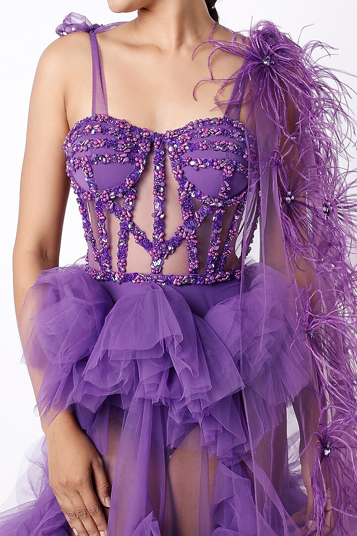 Purple Ruffled & Draped Wedding Gown by Bennu Sehgal at Pernia's Pop Up Shop