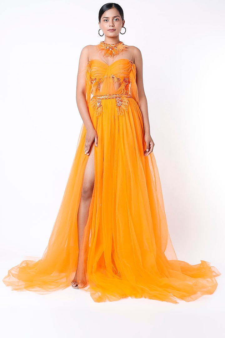 Mango Orange Embroidered Gown by Bennu Sehgal