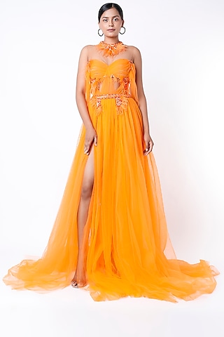 Mango Orange Embroidered Gown by bennu sehgal