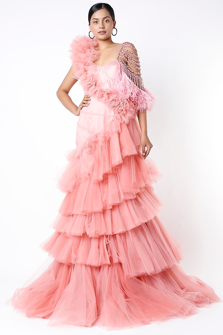 Coral Peach Embellished Gown by Bennu Sehgal