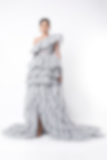 Grey One Shoulder Ruffled Gown by Bennu Sehgal