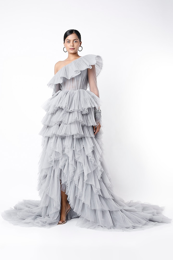 Grey One Shoulder Ruffled Gown by Bennu Sehgal