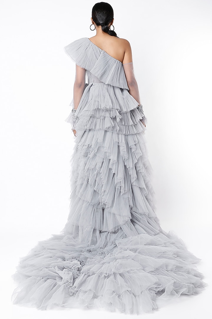 Grey One Shoulder Ruffled Wedding Gown by Bennu Sehgal at Pernia's Pop Up Shop