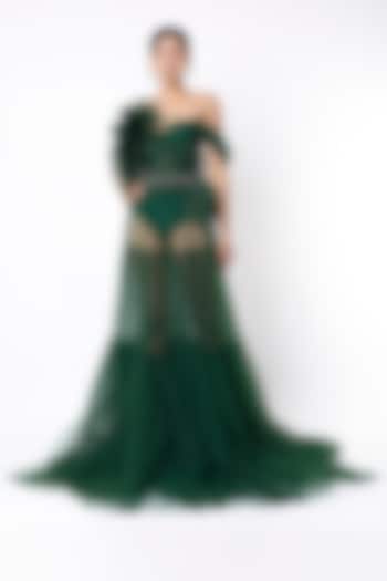 Bottle Green Tiered Gown by Bennu Sehgal