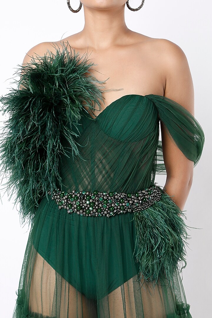 Bottle Green Tiered Bridal Gown by Bennu Sehgal at Pernia's Pop Up Shop