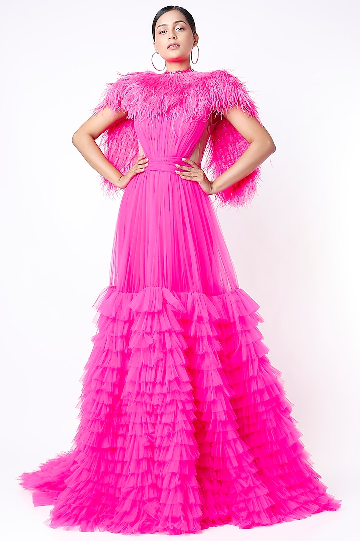 Fuchsia Gown With Feathers by Bennu Sehgal