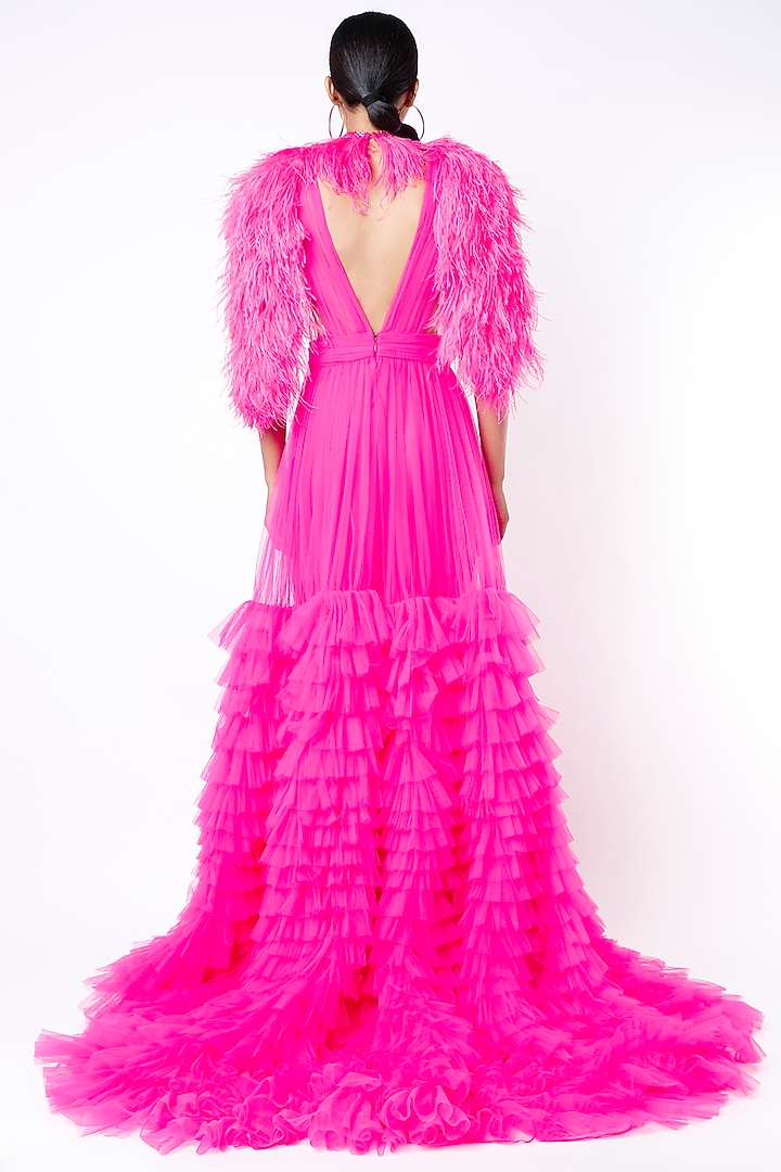 Fuchsia Bridal Gown With Feathers by Bennu Sehgal at Pernia's Pop Up Shop