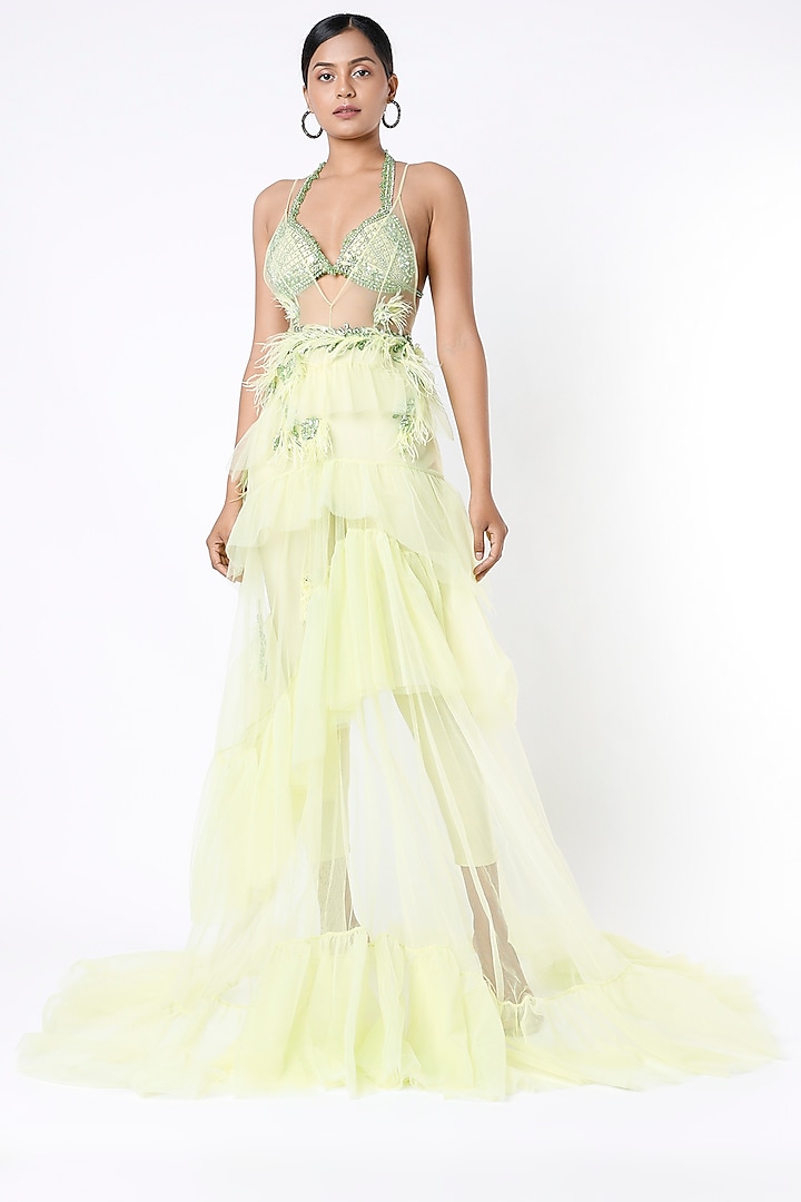 Lime Yellow Ruffled Bralette Gown by Bennu Sehgal