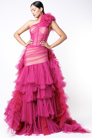 Fuchsia Ruffle One Shoulder Gown by Bennu Sehgal
